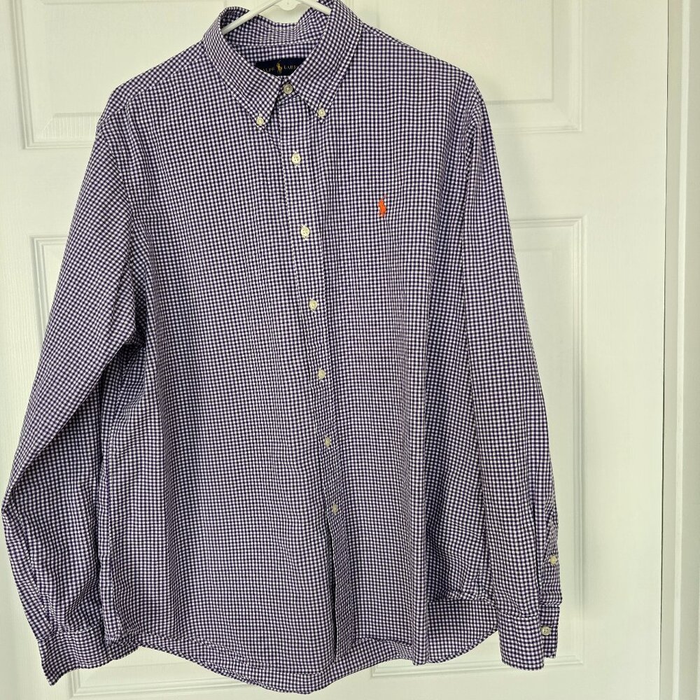 Ralph Lauren Men's 100% Cotton Button Down Shirt Purple & White Check Size XL